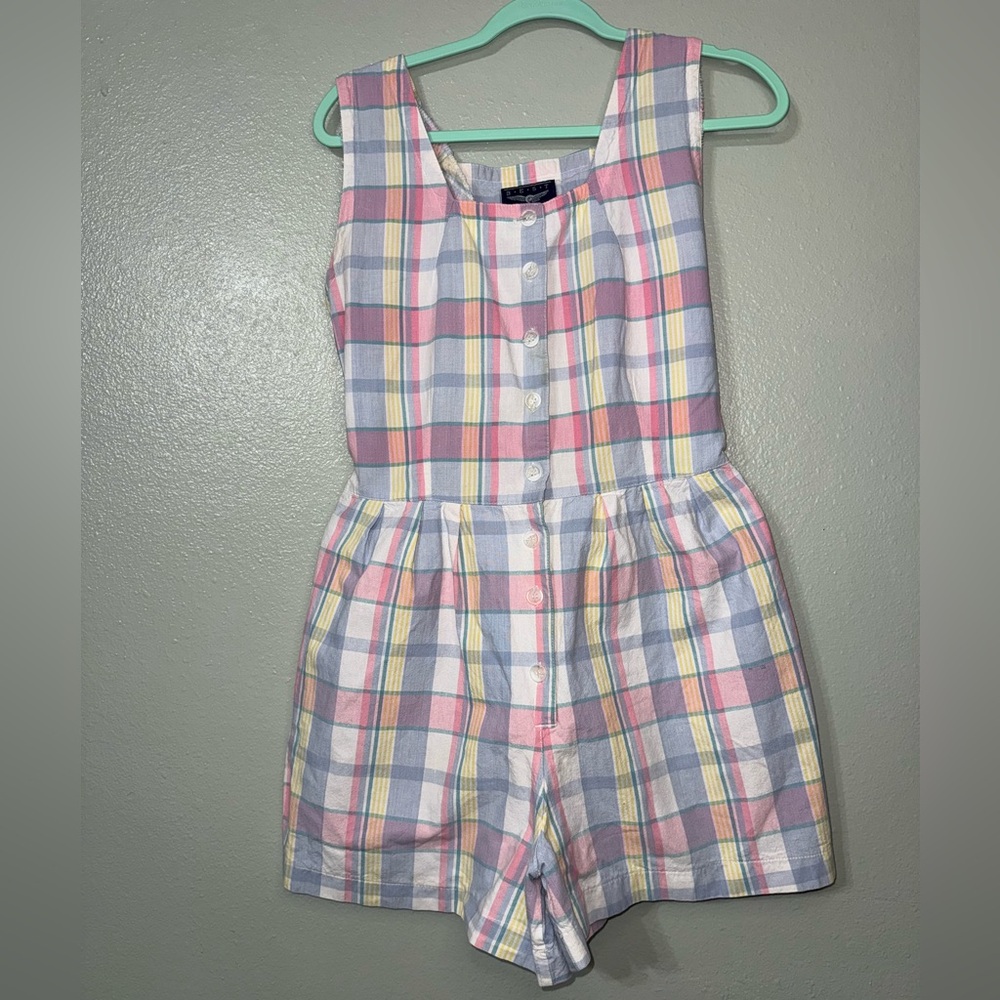 Vintage Best American Clothing Co Women’s Medium Plaid Pastel Button Up Romper